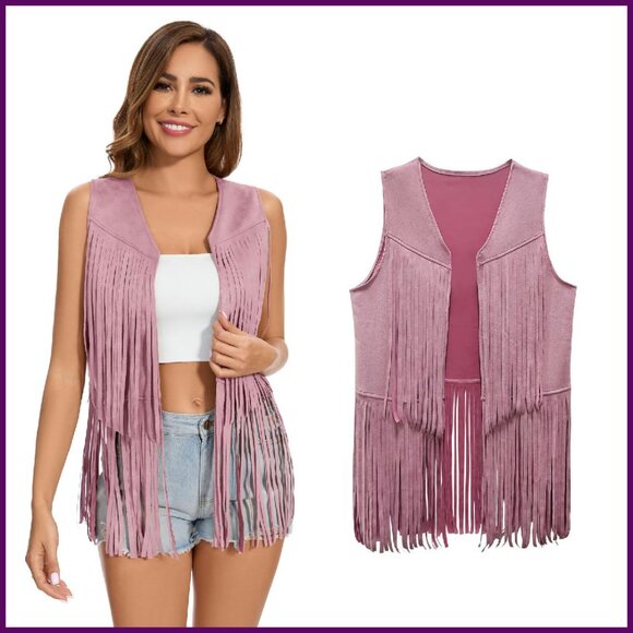 Jackets & Blazers - Faux Suede Fringe Vest Sleeveless Tassel Jacket Hippie Western Costume